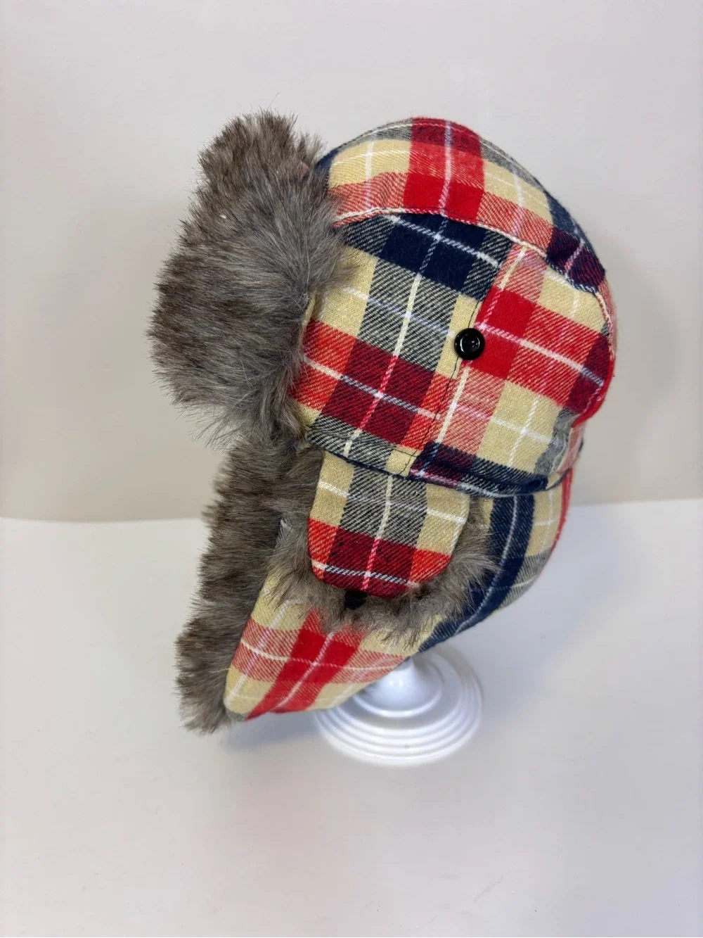 MLB Minnesota Twins Faux Fur Winter Trapper Hat in Blue with Red Plaid Unisex
